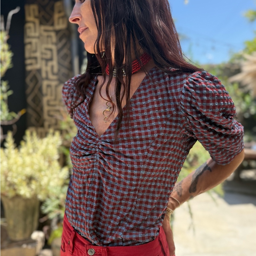Ganni Red and Blue Checkered Puff Sleeve Blouse
